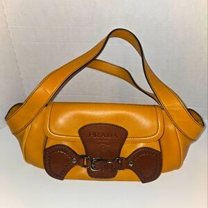 Prada Vitello Cuoio Leather Brown and Yellow Shoulder Bag Purse
